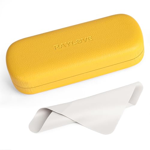 RayLove Glasses Case Hard Shell Eyeglass Case with Cleaning Cloth, PU Leather Protective Eye Glass Cases Fits Most Sunglasses Glasses (Yellow)