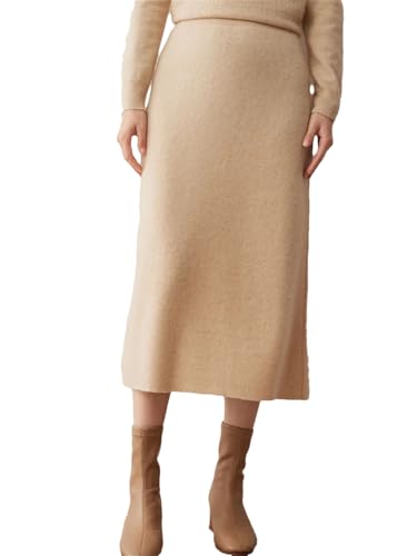 Women's 100% Cashmere Skirts Office Lady Fall Winter Basic Fit Knitted High Waist Straight Skirt Beige M