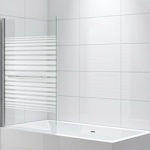 Durovin Bathrooms 1400 x 960mm Over Bath Shower Screen 180° Pivot Door Glass Panels & Screens for Baths, 6mm Toughened Safety Frosted Striped Glass, Towel Rail Handle Bar