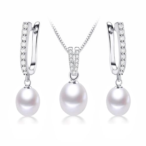 Pearl Jewelry Set For Women with Cubic Zirconia Freshwater Pearl Pendant Necklace & Earrings 925 Sterling Silver for Wedding Prom Gift