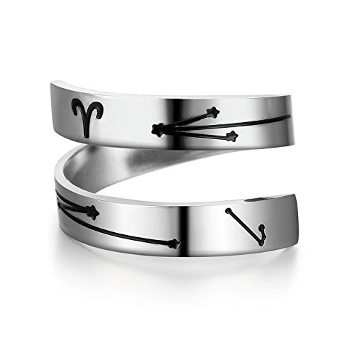Silver Zodiac Ring Stainless Steel Engraving Size Adjustable Constellation Birthday Ring Gift for Women Teens Girls