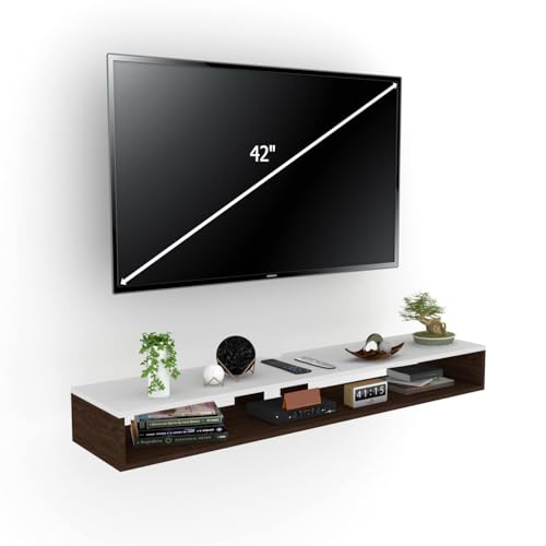 Image of Wall Mounted TV Unit with Floating Entertainment Shelf, Engineered Wood TV Cabinet with Display Shelves, Set Top Box Stand, Cable Management, Living Room Wall Shelf, Brown & White, 90 cm