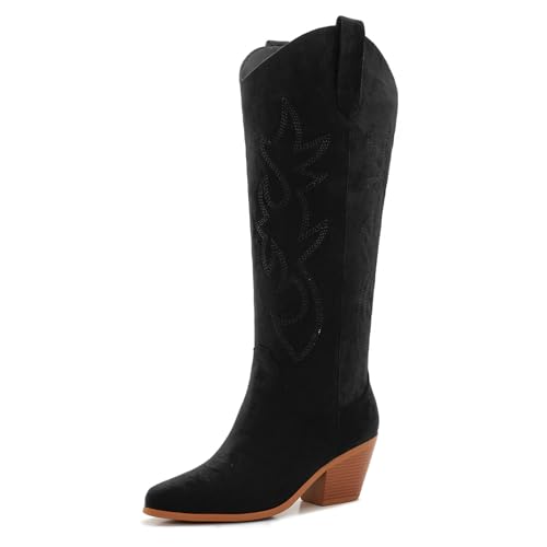 Wide Calf Cowgirl Boots Women Knee High Boots Pointed Toe and Block Heel Cowboy Suede with Embroidered