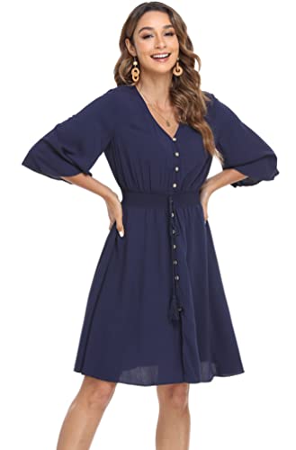 Image of VintageClothing Women's Floral Sundresses Flowy Boho Summer Beach Dress | Lightweight Breathable material,Elegant V Neck and Button Front Design,Flared Bell Sleeve Cut,Mini Casual dress