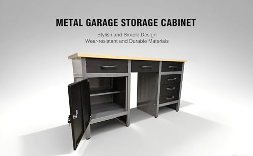 Image of JZD Metal Garage Workbench Desk Set System with Storage Cabinet, Wood Table Top for Workshop Utility Room