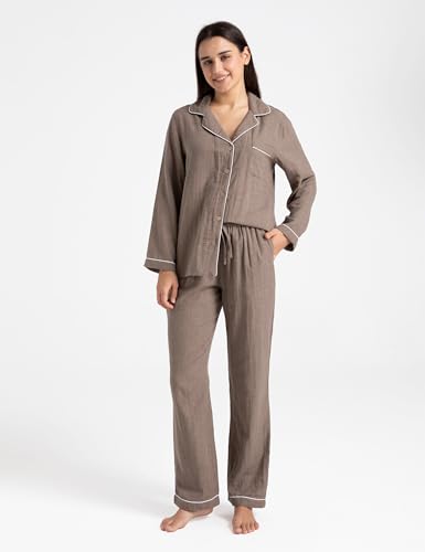 Image of Womens Muslin Pajama Set 100% Cotton Double Gauze Linen Like | Breathable Soft Comfort Button Up Loungewear Sleepwear PJ Set