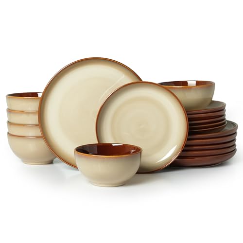 Image of Pokini Ceramic Dish Set for 6, 18 Piece Dinnerware Set for Small to Medium Families, Reactive Glaze Design, Dishwasher & Microwave Safe, Brown Yellow