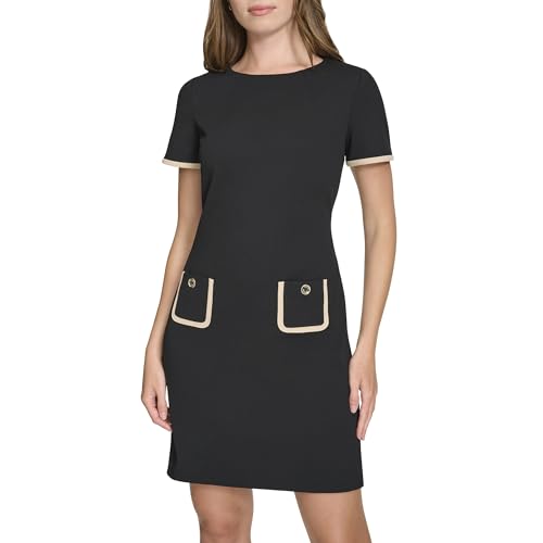 Image of Tommy Hilfiger Women's Short Sleeve Jewel Neck Contrast Piping Mini Shift Dress