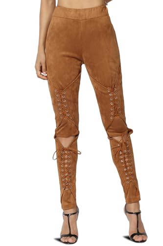TheMogan Women's Lace-Up Faux Suede Skinny Pants with Elastic Waist for Comfortable, Stylish Curvy Fit