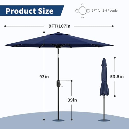 9Ft Patio Umbrella - 8 Sturdy Ribs Outdoor Table Umbrella with Crank Lift & Push Button Tilt - Market Umbrella for Pool, Deck, Yard, Garden - Navy Blue