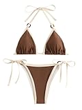 GORGLITTER Women's Colorblock Halter Bikini Set Tie Side 2 Piece String Swimsuit Triangle Bathing Suit Sexy Swimwear Beachwear Light Coffee Brown L
