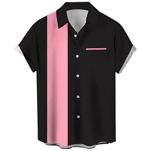 Men’s Vintage Bowling Shirts 1950s Casual Short Sleeve Button Up Contrast Shirt Summer Color Block Cuban Shirts