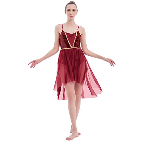 AFAVOM Sequin Lyrical Dance Dress for Women Adult Contemporary Dance Costume Halter V-Neck Backless Camisole Leotard with High Low Flowy Mesh Skirt Lyrical Dancewear Ballet Outfit Wine Red X-Small