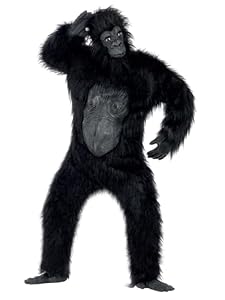 Smiffys Gorilla Deluxe Kostüm, Schwarz, Bodysuit mit Gummi-Brust, Maske, Händen und Füßen Halloween