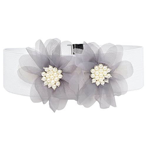 YOU&M Women's Chiffon Double-Flower with Pearl Elastic Corset Waist Belt for Princess Elegant Sweet Dress Plus Size