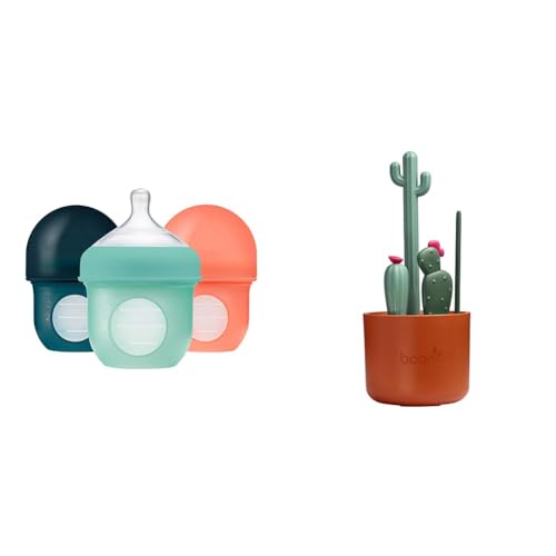 Image of Boon Nursh Reusable Silicone Baby Bottles with Pouch - Stage 1 Slow Flow - 3 Count + Boon Cacti Bottle Cleaning Brush Set - 4 Count