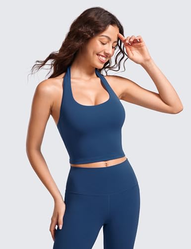 Image of CRZ YOGA Butterluxe Halter Crop Tank Tops | Light Support, Removable Pads, Yoga, Extremely Soft, Open Back, Longline Sports Bras for Women