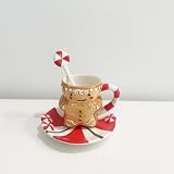 Minigift Ceramic Christmas Tea Cup and Saucer Set，200ML(6.8OZ) 3D Hand-painted Christmas Gingerbread Man Coffee Mug，Round Saucer, Spoon