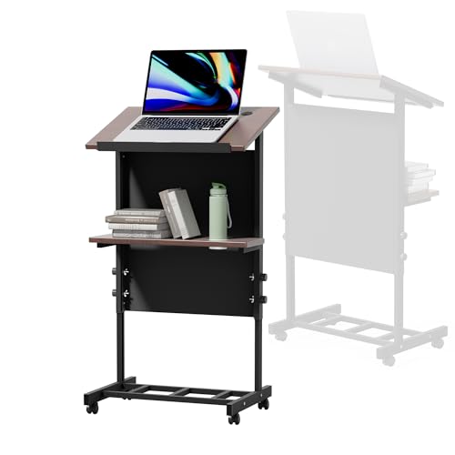 Podium Stand with Wheels, Mobile Height Adjustment Rolling Podium, Portable Podium Stand with Storage Shelf Cup Holder, Steel Frame Lecterns & Podiums for Classroom, Concert, Church, Black