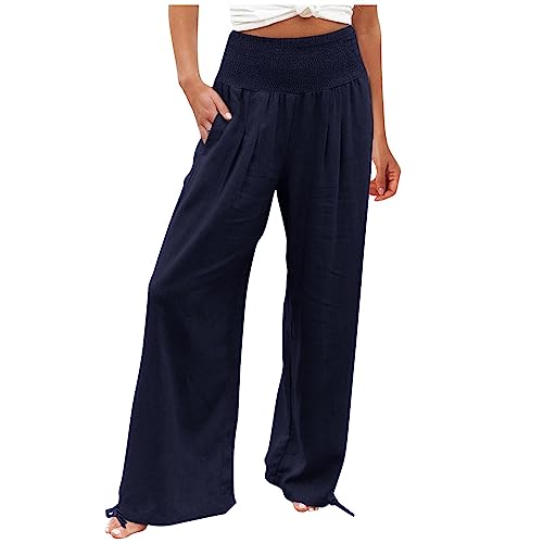 Women Cotton Linen Palazzo Pants Summer Boho Wide Leg High Waist Casual Loose Comfy Pants Trousers with Pocket