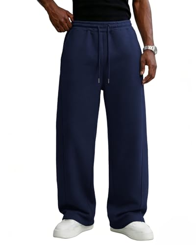 Image of Men's Baggy Sweatpants Cotton Fleece Wide Leg Lounge Sweat Pants Drawstring Waist Jogging Pants with Pockets