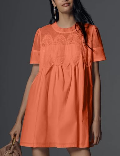 Image of Shiyifa Womens Babydoll Lace Patchwork Dresses Summer Short Sleeve Ruffle Sundress Loose Crew Neck A-Line Dresses