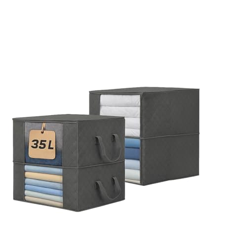 JIVAL19*22 Bolsas Almacenaje Ropa 35L – Pack 4 Cajas Organizadoras Bajo Cama y Armario, Tela 3 Capas, Asas Reforzadas, Ventana Transparente