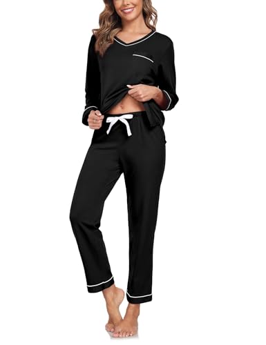 Image of COLORFULLEAF 100% Cotton Pajama Set for Women Long Sleeve Sleepwear with Pants Soft Comfy Two-Piece Pjs with Pockets