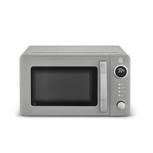 Swan Microondas digitales retro de 20 L, 5 niveles de potencia, 12 preajustes de cocción automática, descongelación por peso o tiempo, pantalla LED, 800 W, gris, SM4425GRY
