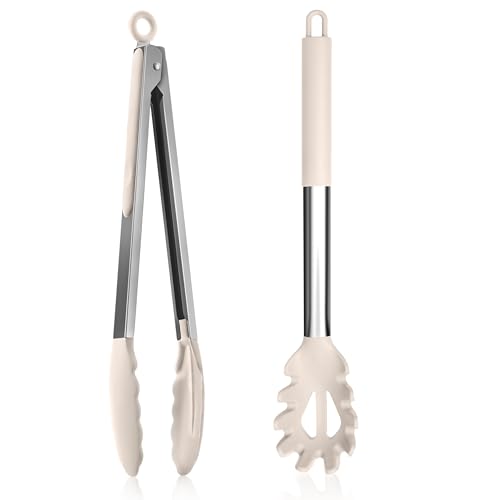 Homikit Edelstahl Spaghettilöffel und Küchenzange, Antihaft-Silikon Spaghetti Server Set, Hitzebeständig Nudellöffel & Kochzange, Pasta Gabel...