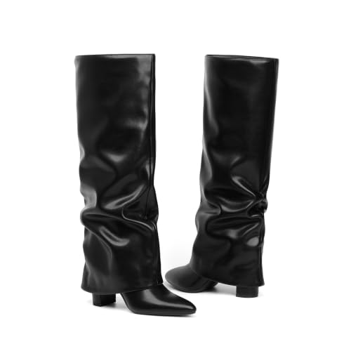 Image of Knee High Boots Women Fold Over Boots Chunky Heel Pointed Toe Tall Boots