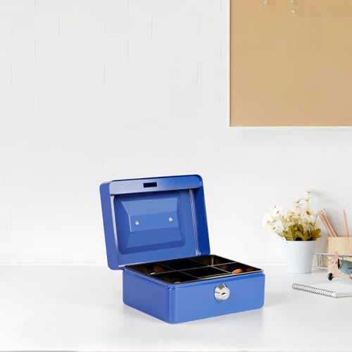 Image of Small Cash Box with Money Tray and Lock, Metal Cash Lock Box with Key, Petty Cash Box for Money 5.9 x 4.7 x 3.1 Inches Blue