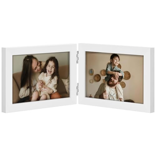 decorUhome Double 6x4 Picture Frame Horizontal, Engineered Wood Bifold Photo Frame with Plexiglass for Tabletop Display, 6x4, White