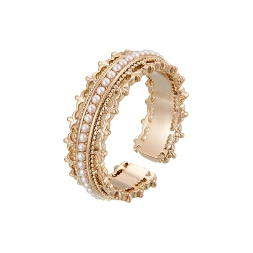 Vintage Crown Statement Open Ring for Women Pearl Beaded Adjustable Stacking Wrap Finger Band Christmas Wedding Band Fashion Jewelry