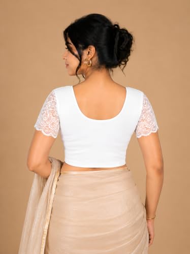 Image of Abhi Cotton Readymade Saree Blouse for Women- Half Net Sleeves, Round Neck, Regular-fit, Stretchable, Pull-on Style Blouse