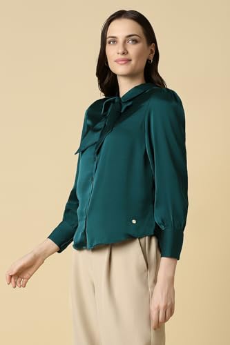 Image of Allen Solly Women's Solid Tie-Up Shirt | Knot-Front Detail | Regular Fit | Soft Breathable Fabric | Smart Casual Wear
