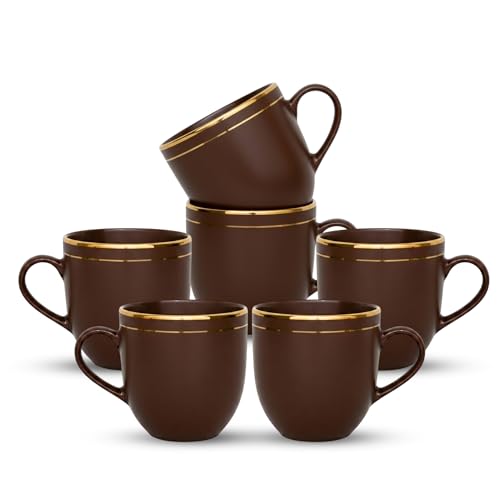 Image of Vistas Dark Brown Gold Line Ceramic Tea Cups Set of 12, 200ml | Porcelain Tea Cups Set of 12 | Glossy Finish | Premium Ceramic | Perfect for Every Occasion
