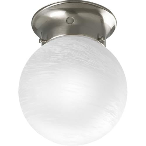 Progress Lighting 1 Light Ceiling Light, 6-Inch Glass Globe Flush Mount Ceiling Lighting Fixture, Dimmable, White Glass, Brushed Nickel (P3401-09)