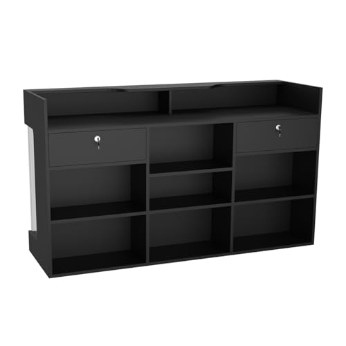 72\" W x 22\" D x 42\" H - Ledgetop Checkout Counter with Glass Showcase View Front, Black Wooden Cash Register Stand with Showcase,Retail Glass Display Cabinet Counter