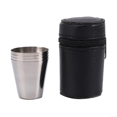 4pcs 30ml Stainless Steel Camping Cups with Leather Storage Case for Outdoor, Picnic, and Travel Drinking - 304 Stainless Steel Set