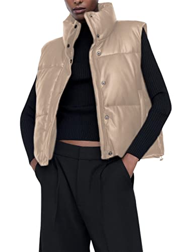 Image of Women´s PU Leather Puffer Vest Stand Collar Padded Vest Sleeveless Quilted Lightweight Jacket Winter Warm Outerwear Puffer Gilet (Beige, Small)