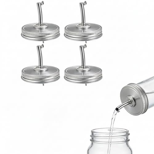 DOITOOL 4 Stück Mason Jar Deckel mit Ausgießer 70mm - Edelstahl Ölausgießer Aufsatz für Einmachgläser - Regular Schraubglas Ausguss Dispenser - Tropffreier Essig Dosierer für Küchenorganisation