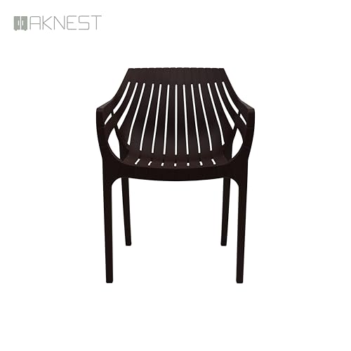 Image of OAKNEST Supreme Spectrum Plastic Arm Chair - Modern Slatted Stackable Chair for Living Room, Dining, Garden, Balcony, Restaurant & Cafe | Weatherproof Indoor Outdoor Designer Chair, Set of 4,G Brown