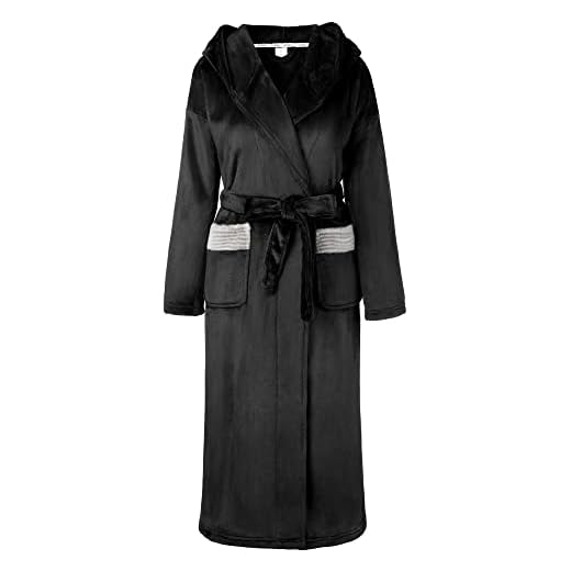 SIORO Dam flanell fluffiga morgonrockar med huva, mjuk fleece plysch lång badrock för kvinnor varm och bekväm nattkläder Uk, S-XL, B-svart, L