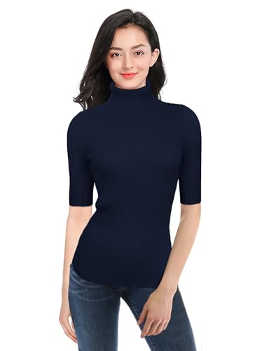 Image of v28 Women Turtleneck 1 /2 Half Sleeve Highly Stretchy Ribbed Knit Fitted Sweater