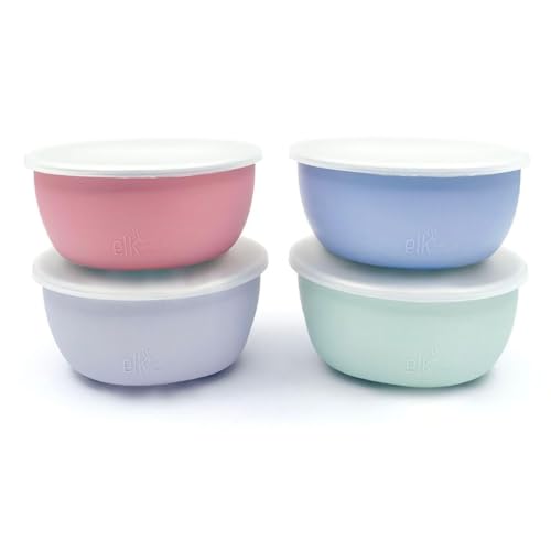 Image of Elk and Friends Stainless Steel Bowls + Silicone Sleeve and Storage Lid | Baby, Toddler, Kids | Cereal & Snack Bowls | Storage Containers | Dishwasher Safe | 4 Pack