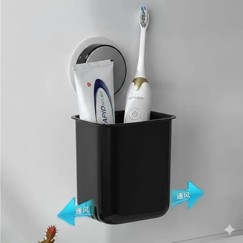 Image of Wall-Mounted Tooth Brush Holder Bathroom - Self-Adhesive Bathroom Organiser Without Drill for Toothbrushes, Toothpaste and Makeup Brushes - Plastic Brush Holder for Bathroom (2, Black)