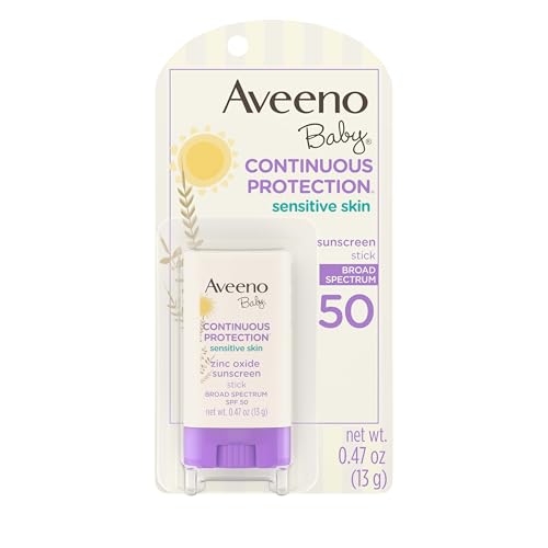 Aveeno Baby Continuous Protection Mineral Sunscreen Stick for Sensitive Skin with Broad Spectrum SPF 50 Protection for Face & Body, Naturally Sourced 100% Zinc Oxide, Travel Size, 0.47 oz