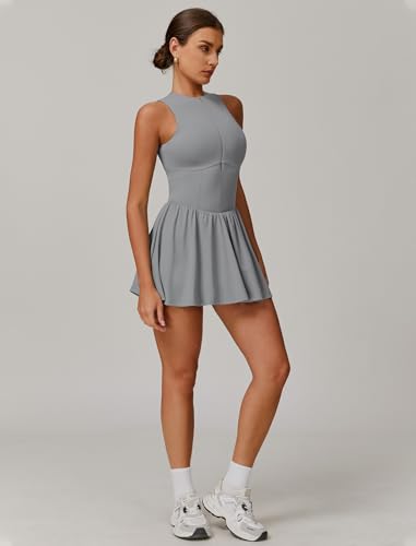 Women Sleeveless Zip Front Tennis Yoga Dresses Slim Fit Summer Built in Shorts Golf Athletic Dress with Pockets4