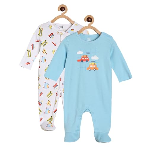 Image of miniklub Baby Front Open Long Sleeve Cotton Sleep Suit, Pack of 2 (Blue /White Color)